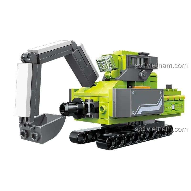 Máy xúc màu xanh lá từ bộ lắp ghép kỹ thuật 41110, có cánh tay xúc linh hoạt, tương thích LEGO®, phù hợp cho bé trai 6 tuổi.