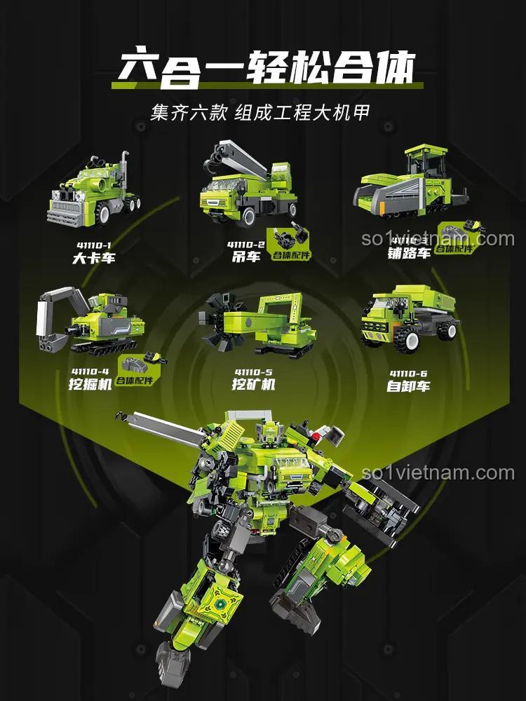Robot khổng lồ được lắp ráp từ 6 mẫu xe công trình, thể hiện khả năng kết hợp của bộ lắp ghép kỹ thuật 41110.