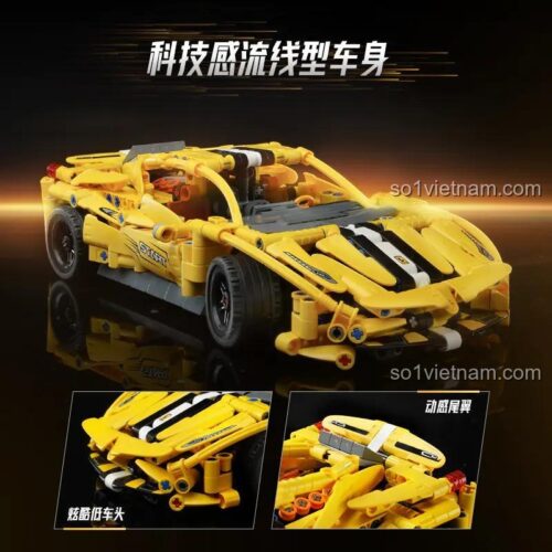 Mô hình xe đua thể thao màu vàng, bộ lắp ráp 821 chi tiết, đồ chơi xe đua cho bé trai 6 tuổi, QMAN 91007