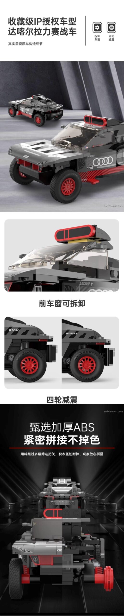 Tính năng đặc biệt của bộ lắp ghép RASTAR 10120 Audi RS Q e-tron E2, bao gồm bản quyền chính hãng và hệ thống treo.