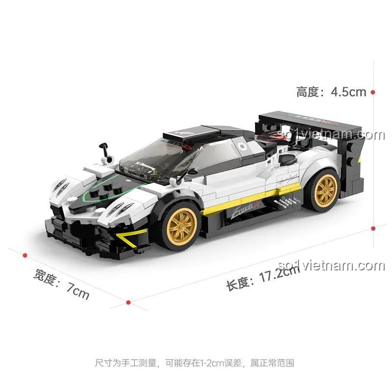 Kích thước chi tiết của đồ chơi mô hình Hypercar Pagani Zonda R 93900: dài 17.2cm, rộng 7cm, cao 4.5cm.
