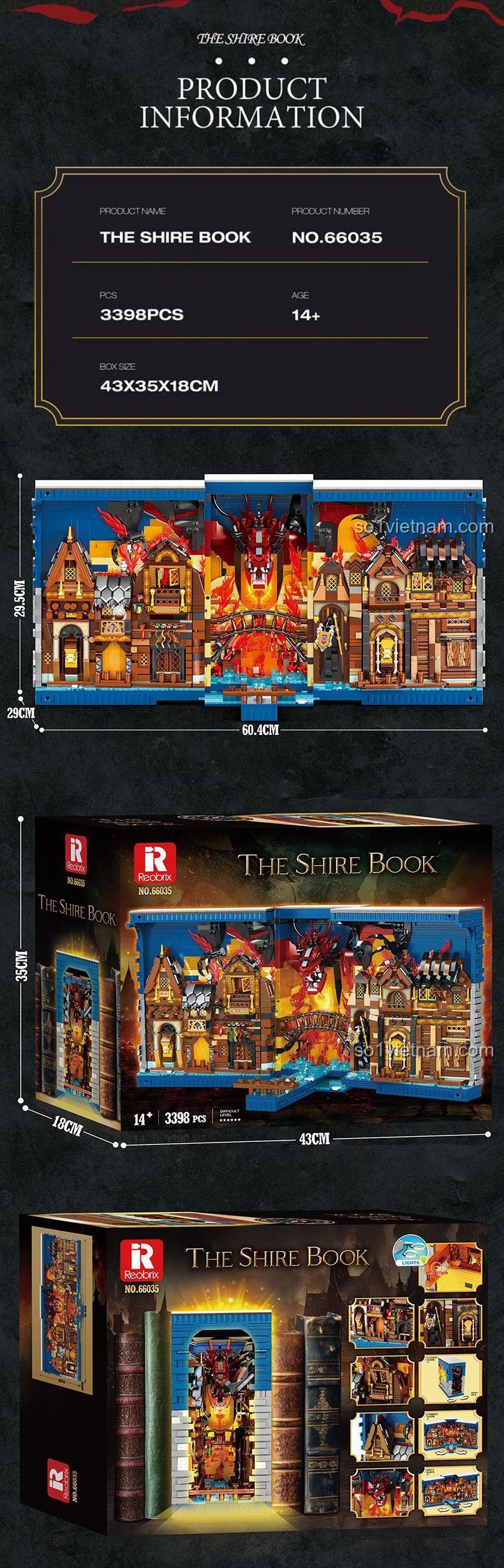 Chi tiết sản phẩm The Shire Book Rebrickable 66035, bộ đồ chơi lắp ghép 3398 mảnh, mô tả cảnh phim The Shire