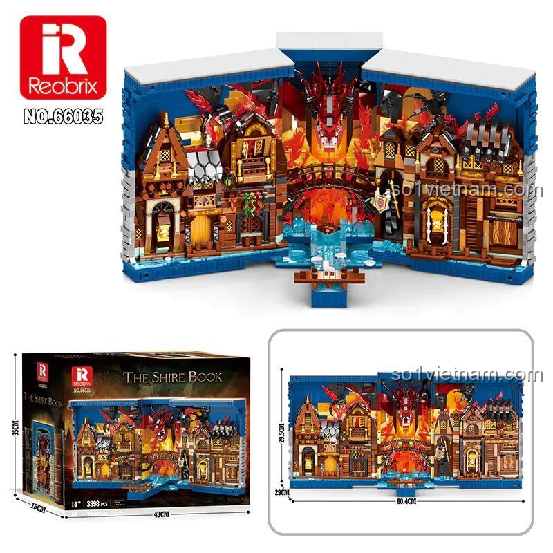 Hộp sản phẩm The Shire Book Rebrickable 66035 và kích thước mô hình chi tiết, bộ đồ chơi xếp hình 3398 mảnh, độ tuổi 14+