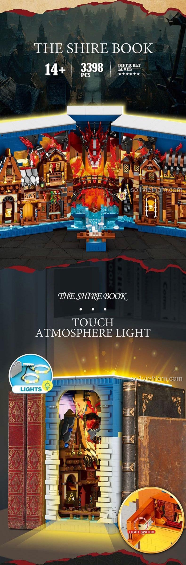 Thiết kế đóng mở của The Shire Book Rebrickable 66035, bộ đồ chơi lắp ghép 3398 mảnh, có đèn LED