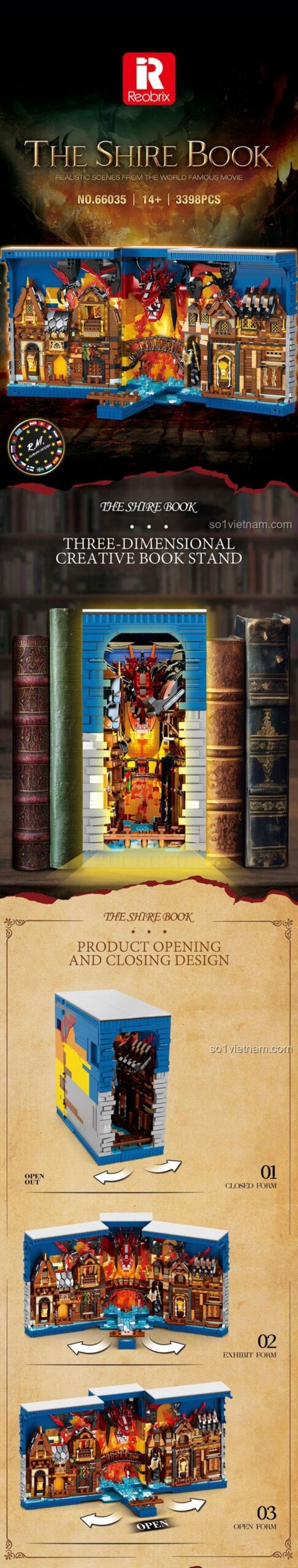 Thiết kế mở rộng của The Shire Book Rebrickable 66035, bộ đồ chơi xếp hình 3398 mảnh, có đèn LED, tái hiện cảnh phim The Shire