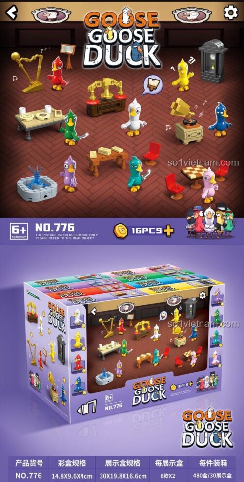 Poster bộ xếp hình RENZAIMA 776 Goose Goose Duck với 8 mô hình nhân vật game Vịt Ngỗng Sát Thủ và thông số chi tiết.