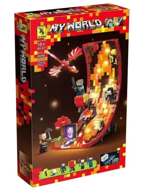 RENZAIMA 811 Mô hình Rồng Lửa Vùng Dung Nham Minecraft có đèn LED, 913 mảnh ghép, đồ chơi lắp ráp cho bé trai 10 tuổi