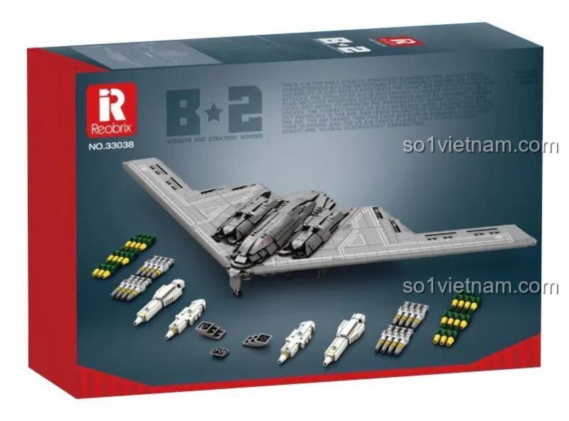 Máy bay ném bom tàng hình B-2 Reobrix 33038 với các chi tiết tên lửa, bộ lắp ghép máy bay quân sự cho bé trai 14 tuổi, cánh dài 72cm, 2063 mảnh ghép, đồ chơi giáo dục STEM