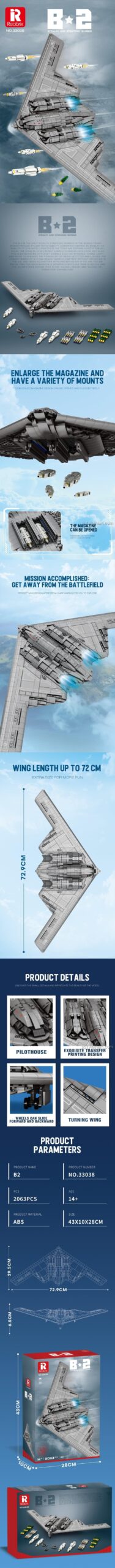 Mô hình máy bay ném bom tàng hình B-2 Reobrix 33038, bộ lắp ghép máy bay quân sự cho bé trai 14 tuổi, cánh dài 72cm, 2063 mảnh ghép, đồ chơi giáo dục STEM
