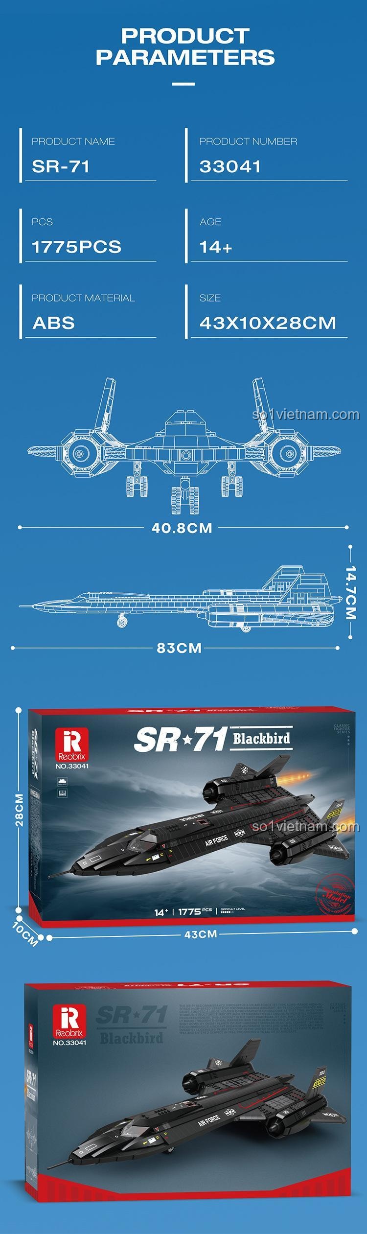Thông số kích thước mô hình máy bay SR-71 Blackbird Reobrix 33041, dài 83cm, rộng 40.8cm, cao 14.7cm, 1775 chi tiết, cho con trai 14 tuổi