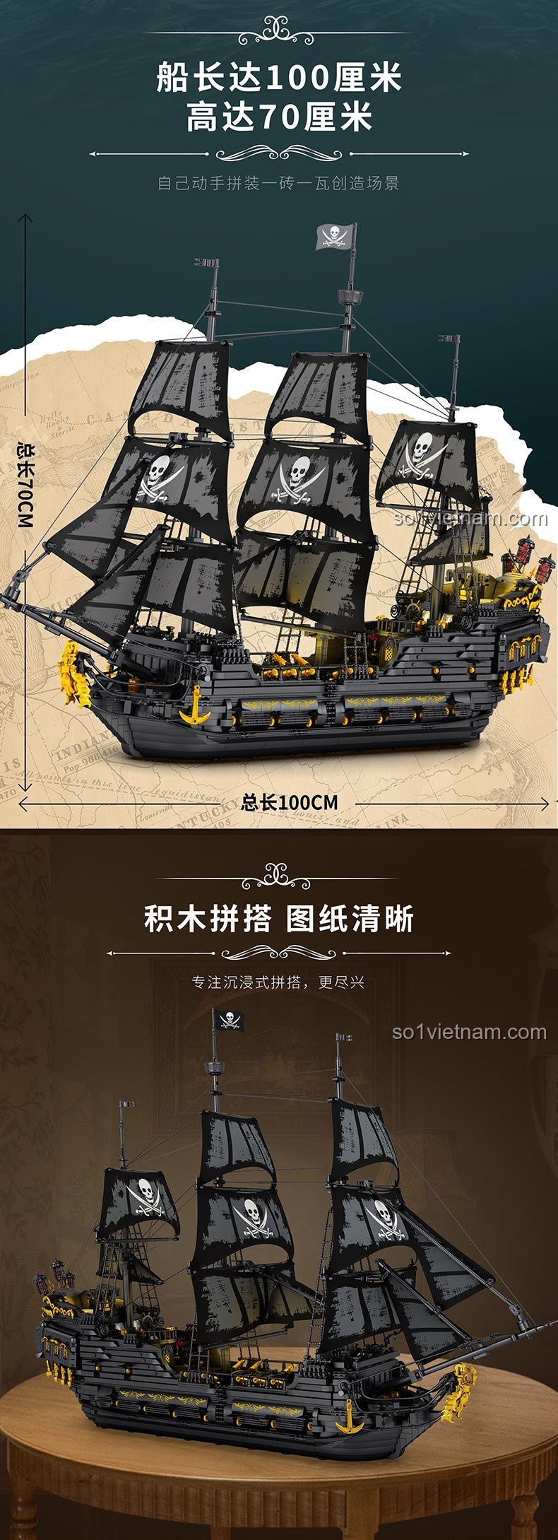 đồ chơi mô hình Thuyền cướp biển Black Pearl Reobrix 66036, kích thước lớn 100cm, hướng dẫn rõ ràng