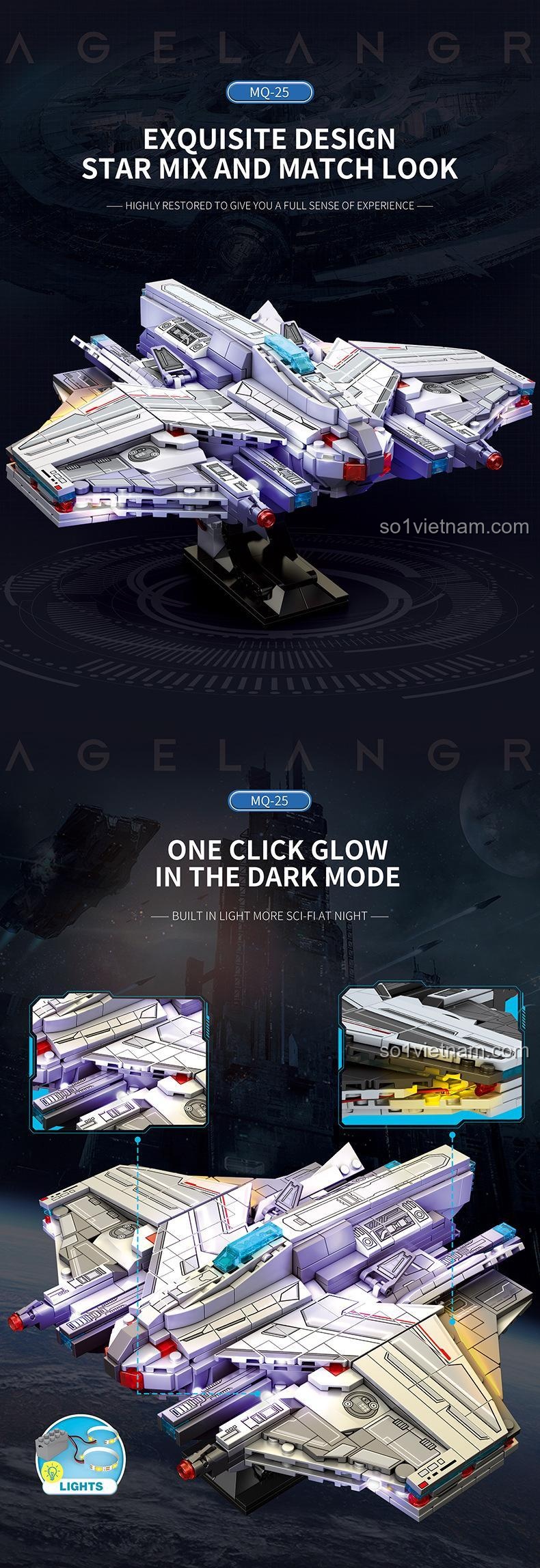 Thiết kế tinh xảo của bộ lắp ghép Phi Thuyền Chiến Đấu Reobrix 787 với tính năng đèn LED phát sáng trong bóng tối, mang lại trải nghiệm độc đáo.