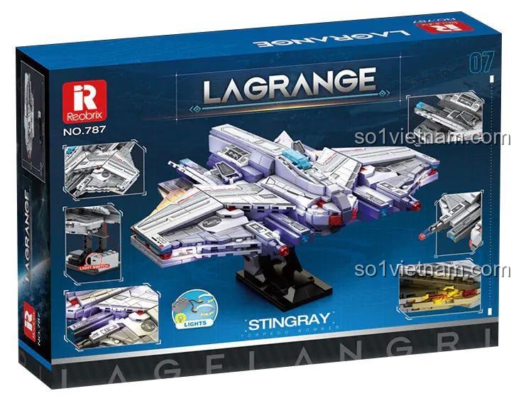 Mặt sau hộp Reobrix 787 Tàu Ném Ngư Lôi MQ-25 thể hiện các tính năng nổi bật như đèn LED và đế trưng bày.