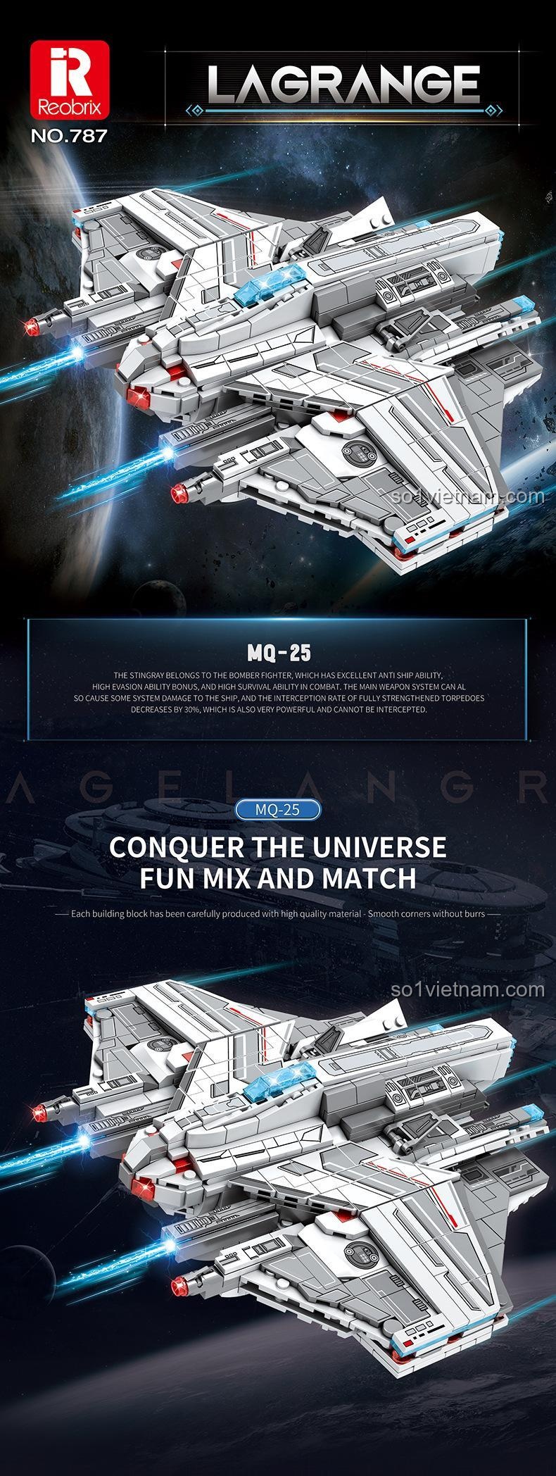 Mô hình 787 Chiến Hạm Lagrange Reobrix trong không gian, thể hiện sức mạnh chống hạm và khả năng né tránh vượt trội.