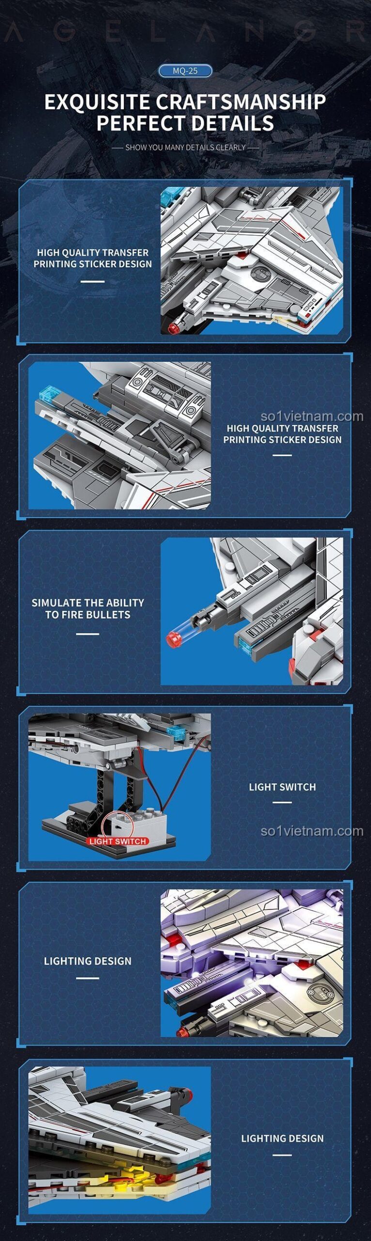 Các chi tiết hoàn thiện của đồ chơi mô hình Tàu Không Gian Reobrix 787, bao gồm thiết kế in chuyển nhiệt chất lượng cao và khả năng bắn đạn nhựa.