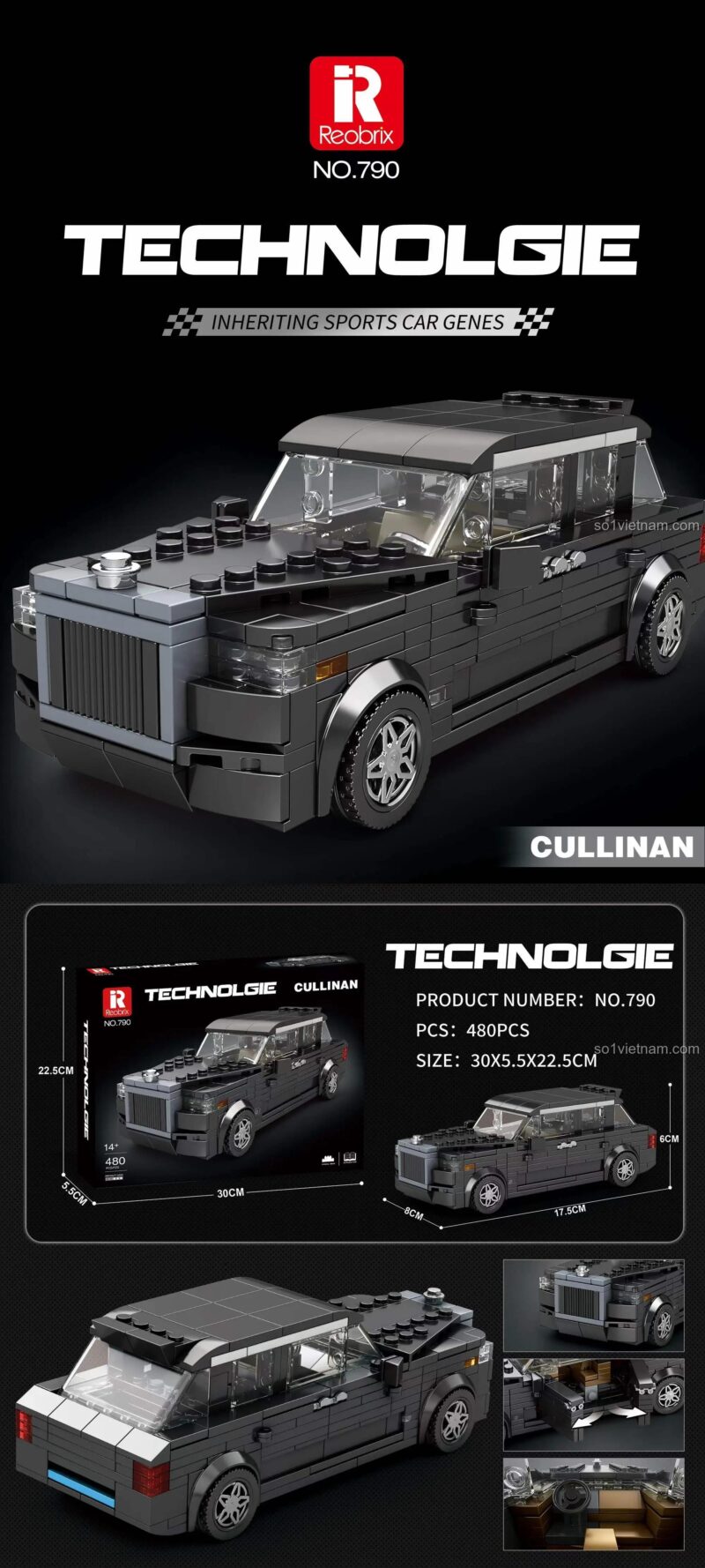 Kích thước chi tiết bộ lắp ráp Reobrix 790 Xe sang Rolls-Royce Cullinan, 480 mảnh, chất lượng cao