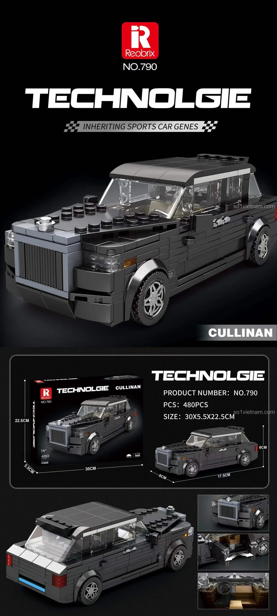 Kích thước chi tiết bộ lắp ráp Reobrix 790 Xe sang Rolls-Royce Cullinan, 480 mảnh, chất lượng cao