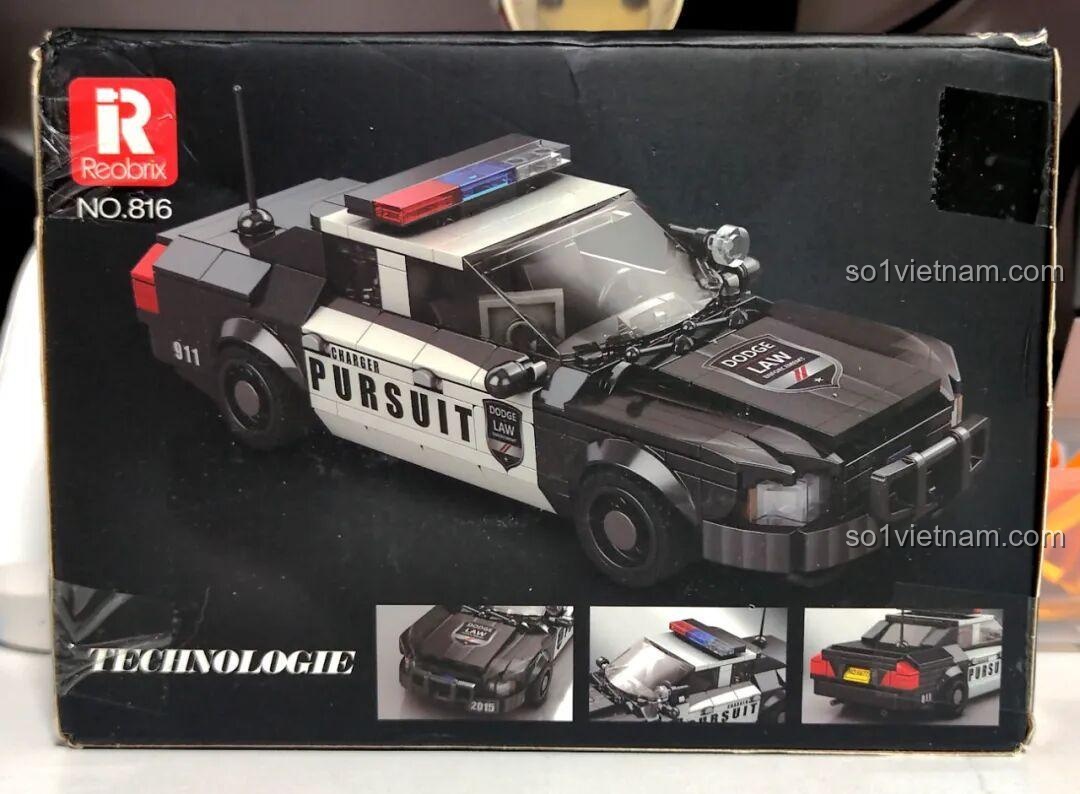 Mặt sau hộp Reobrix 816 Dodge Charger Pursuit với các góc nhìn khác nhau của mô hình xe cảnh sát truy đuổi sau khi lắp.