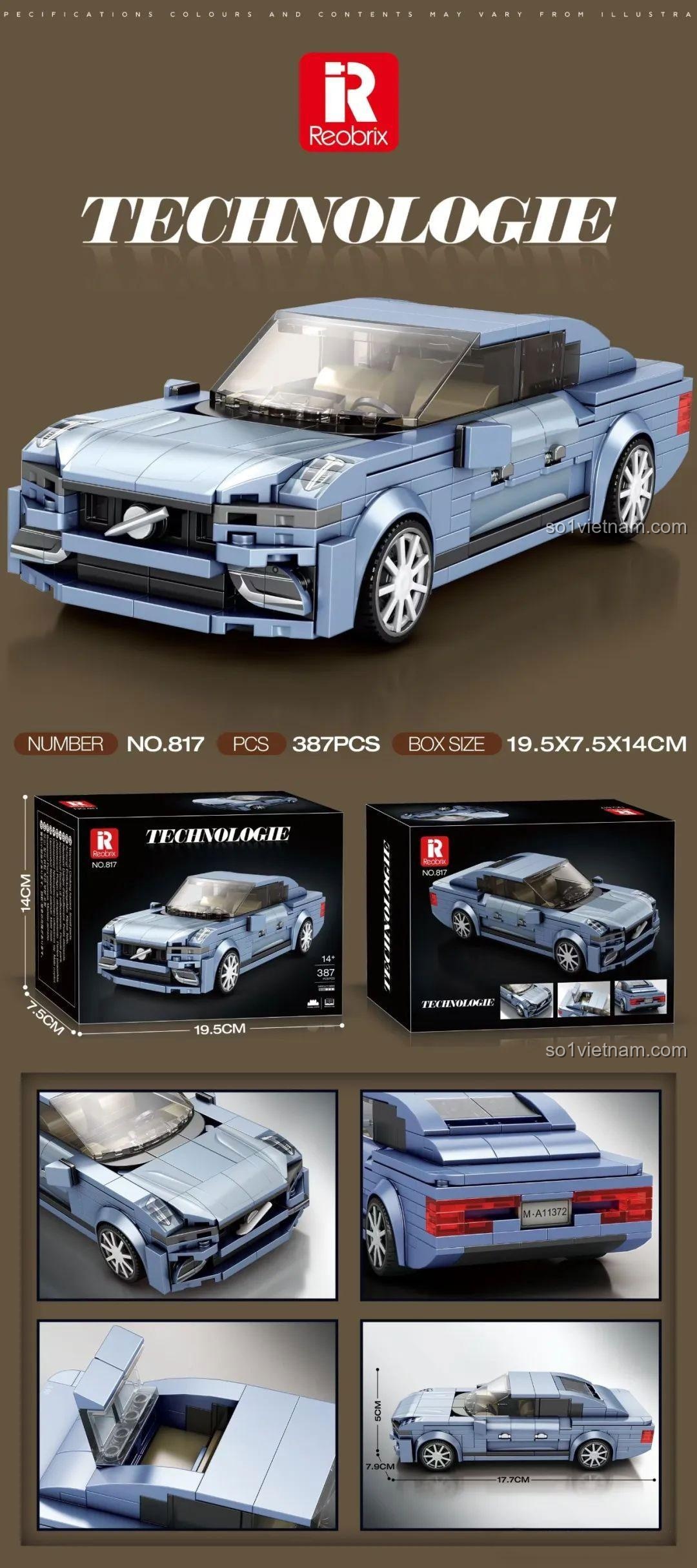 Các chi tiết thiết kế tinh xảo của bộ lắp ráp siêu xe thể thao màu xanh Reobrix 817.