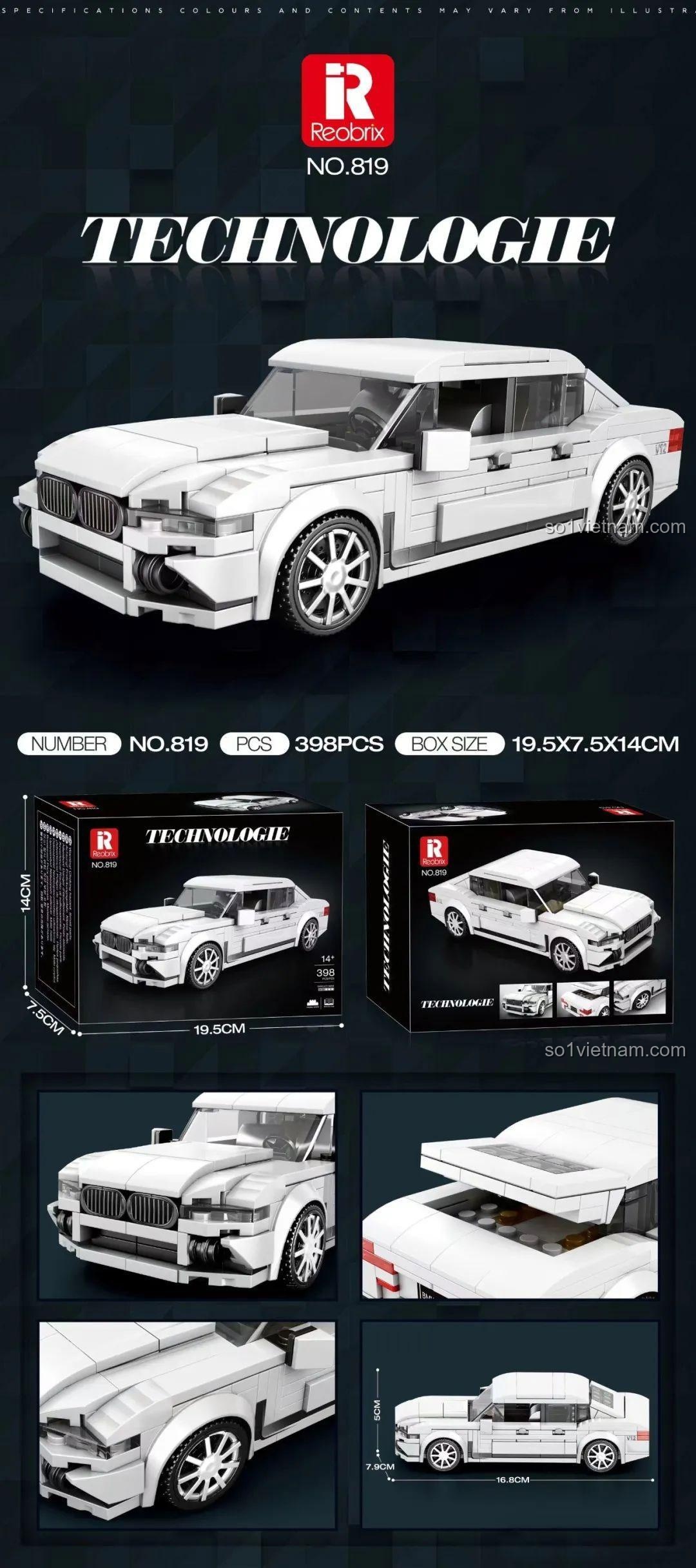Thông số và kích thước chi tiết của bộ lắp ghép Xe đua BMW Reobrix. Mô hình dài 16.8cm, hộp sản phẩm 19.5x7.5x14cm.