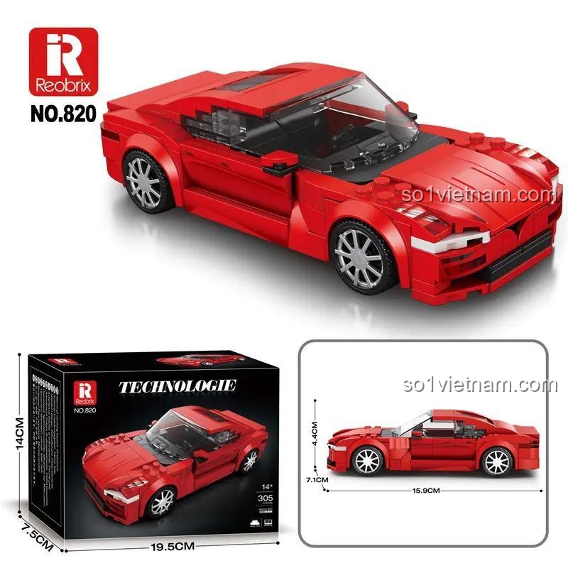 Kích thước mô hình xe đua đỏ Reobrix 820 và hộp, đồ chơi lắp ghép cho con trai.