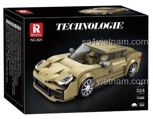 Thông số kỹ thuật chi tiết của bộ lắp ráp Reobrix Siêu xe Porsche 821, bao gồm số mảnh, kích thước và các chi tiết có thể cử động.