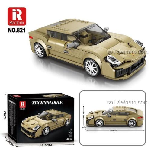 Hộp sản phẩm đồ chơi mô hình Xe đua Porsche Reobrix 821 với 324 chi tiết, một lựa chọn giá tốt cho người hâm mộ xe hơi.
