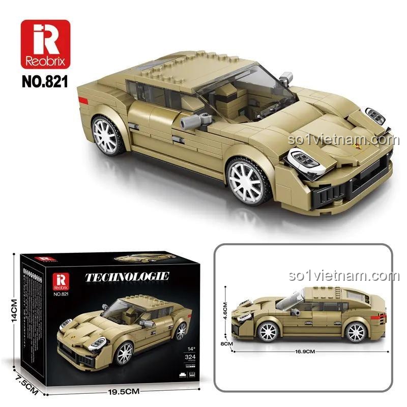 Hộp sản phẩm đồ chơi mô hình Xe đua Porsche Reobrix 821 với 324 chi tiết, một lựa chọn giá tốt cho người hâm mộ xe hơi.