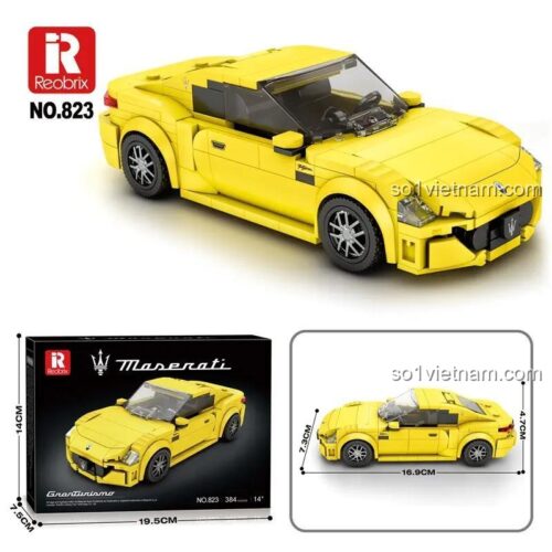 Hộp và kích thước chi tiết của bộ lắp ráp siêu xe Maserati GranTurismo 823 của Reobrix, món quà tuyệt vời cho con trai.