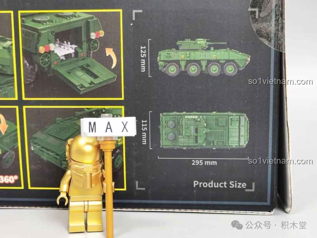 Thông tin kích thước mô hình 12GO 96008 Xe Chiến Đấu Bộ Binh ZBL-19 được in rõ ràng trên hộp sản phẩm.