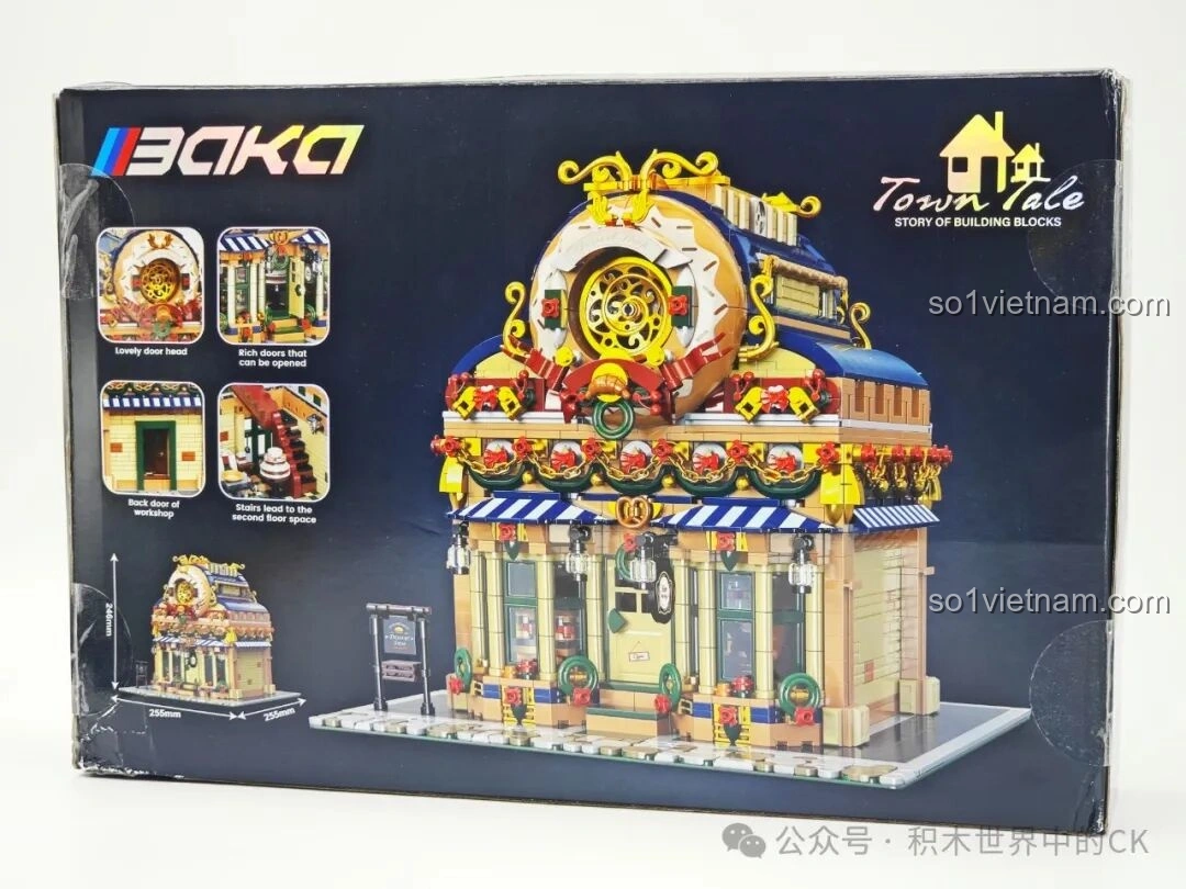 Mặt sau hộp BAKA 33202 Xưởng Bánh Donut, chi tiết các góc của mô hình và khả năng tháo lắp 3 tầng.