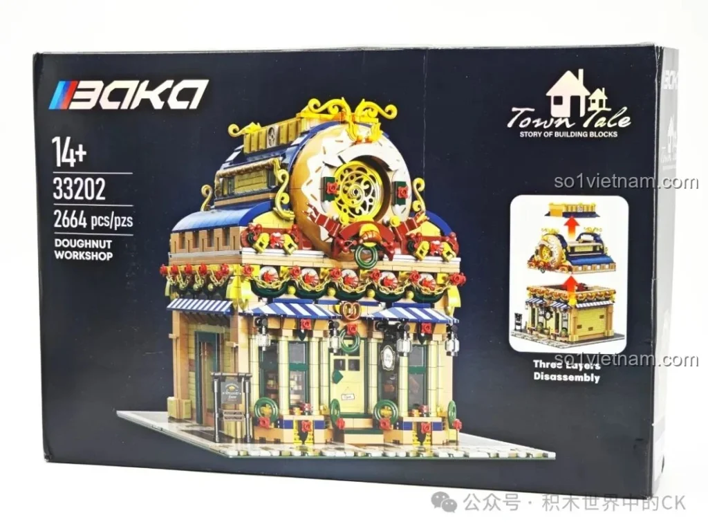 Hộp đồ chơi lắp ráp BAKA 33202 Xưởng Bánh Donut mặt trước, hiển thị mô hình tiệm bánh ngọt lộng lẫy và thông tin sản phẩm.