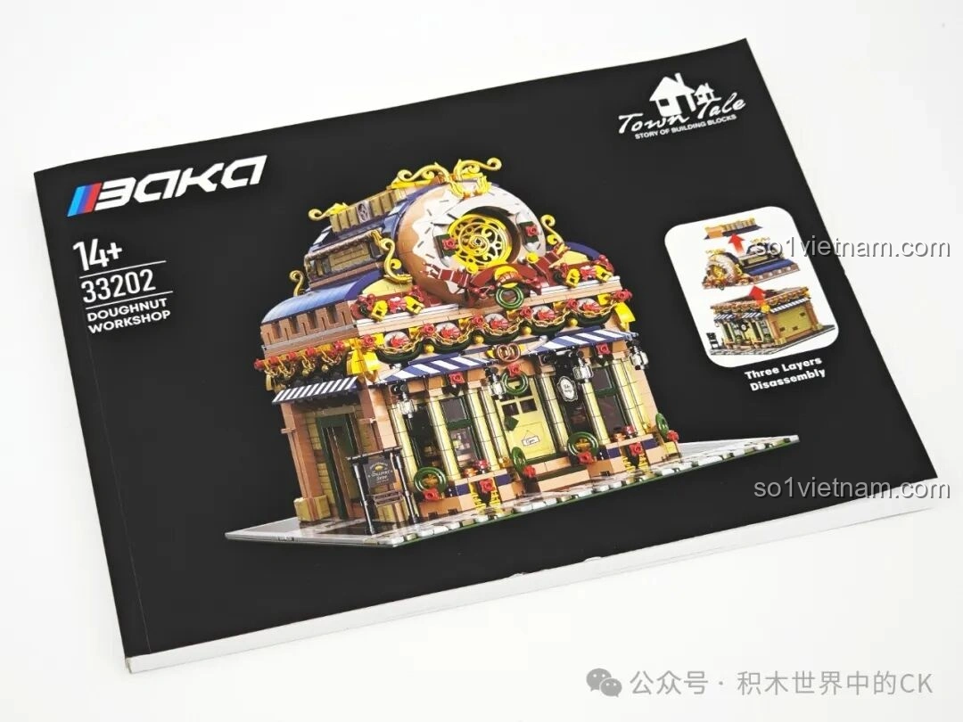 Sách hướng dẫn lắp ráp BAKA 33202 Xưởng Bánh Donut, in màu sắc nét, dễ hiểu cho bé gái 6 tuổi.