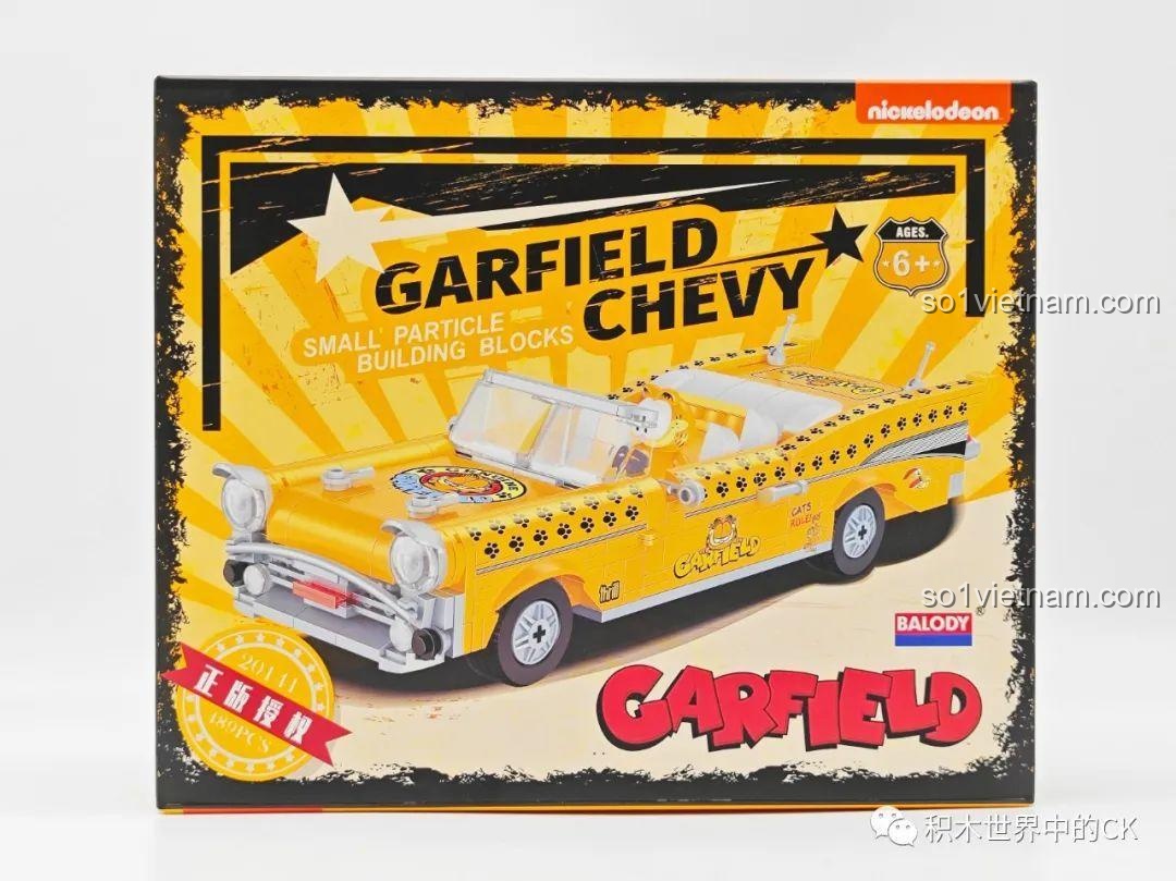 Cận cảnh hộp bộ lắp ráp Balody 20141 Xe Mui Trần Của Mèo Garfield, món quà ý nghĩa cho bé trai 6 tuổi.