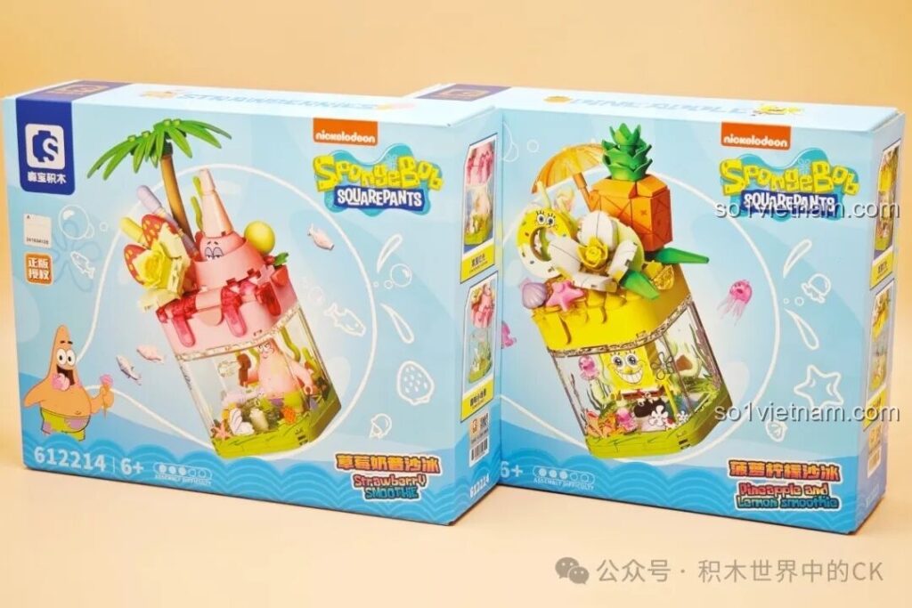 Hộp bộ lắp ghép SEMBO Kem Dâu Sữa và Kem Dứa Chanh với hình ảnh SpongeBob và Patrick Star