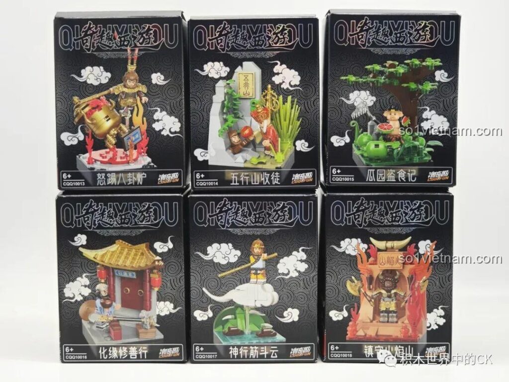 Toàn cảnh 6 hộp trong series lắp ráp Tây Du Ký của Chaoqiqu, một bộ đồ chơi sáng tạo cho bé trai 6 tuổi.