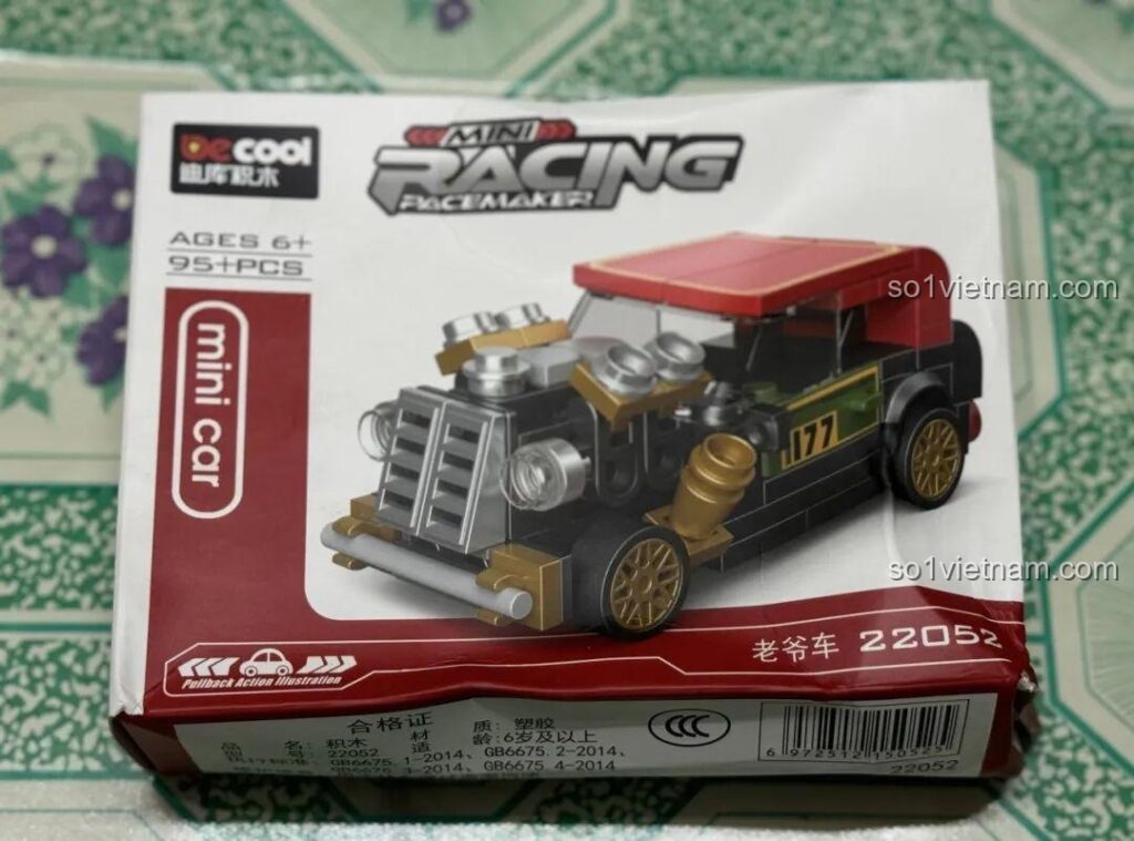 Hộp sản phẩm đồ chơi lắp ráp DECOOL 22052 Xe Hồi Lực Mini với thông tin 95 chi tiết và chức năng hồi lực, phù hợp bé 6 tuổi.
