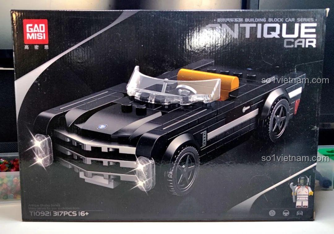 Hộp sản phẩm bộ xếp hình GAOMISI T1092 Xe Thể Thao Mui Trần Cadillac Cổ Điển với hình ảnh chiếc xe đen bóng và thông tin chi tiết.