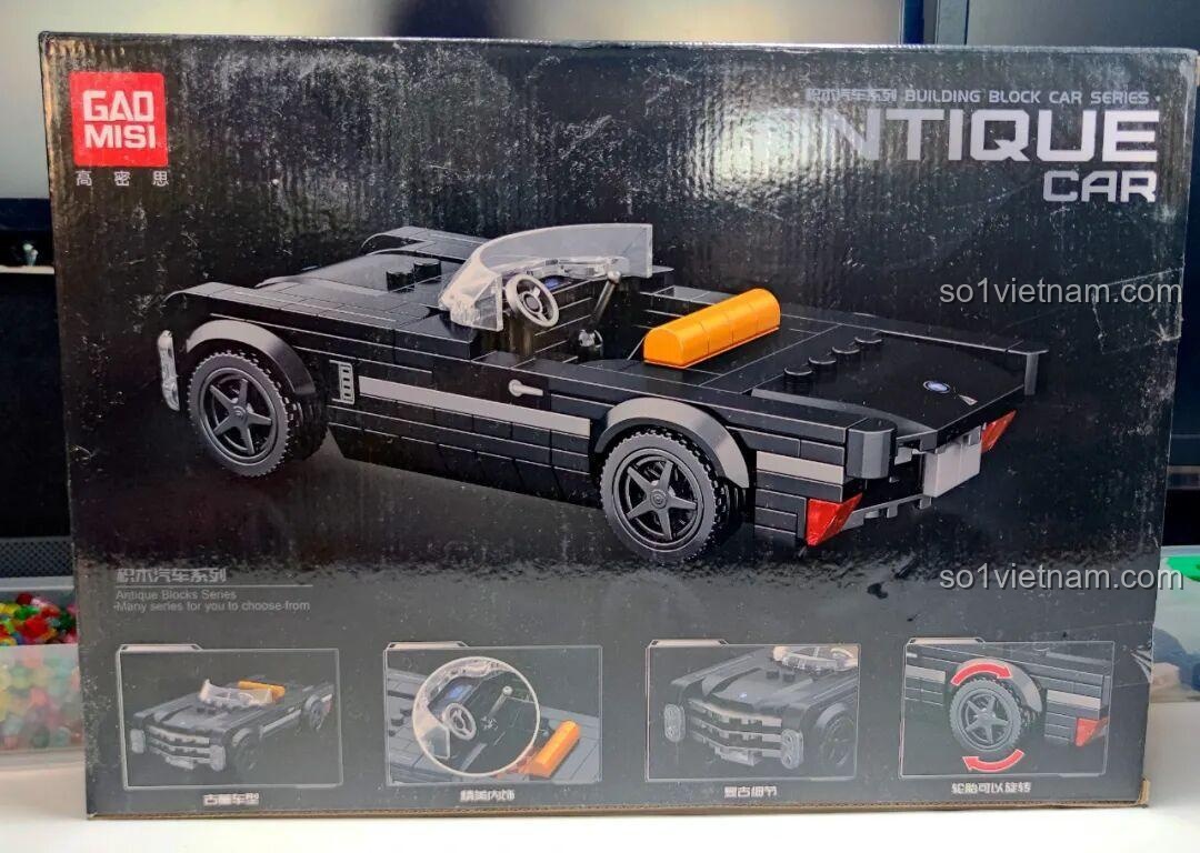 Mặt sau hộp bộ đồ chơi lắp ráp GAOMISI T1092 Xe Cadillac mui trần, hiển thị các góc nhìn chi tiết của mô hình.