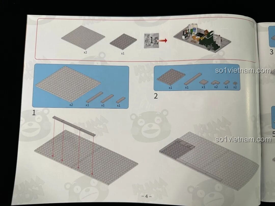 Trang sách hướng dẫn inbrixx 880035 Văn phòng Thám tử Kumamon minh họa các bước lắp ráp nền móng cơ bản của mô hình.