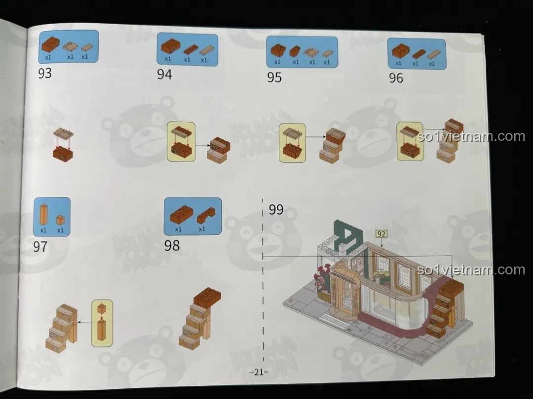 Trang sách hướng dẫn inbrixx 880035 Văn phòng Thám tử Kumamon minh họa các bước lắp ráp chi tiết phần tường và cầu thang.