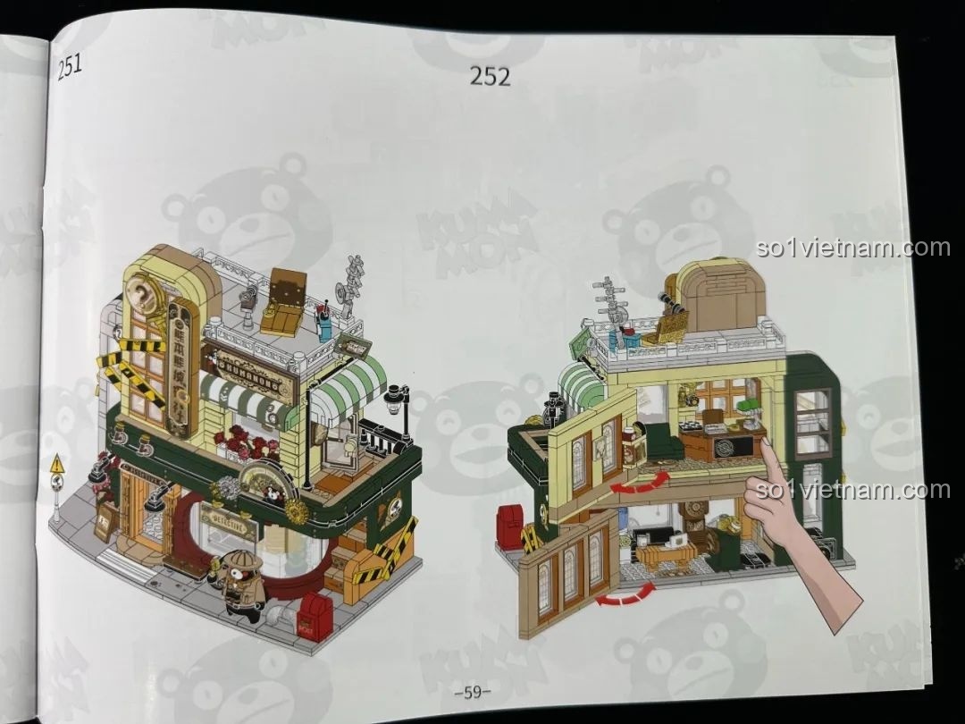 Trang sách hướng dẫn inbrixx 880035 Văn phòng Thám tử Kumamon minh họa cách tháo rời các tầng của mô hình, thể hiện tính module.