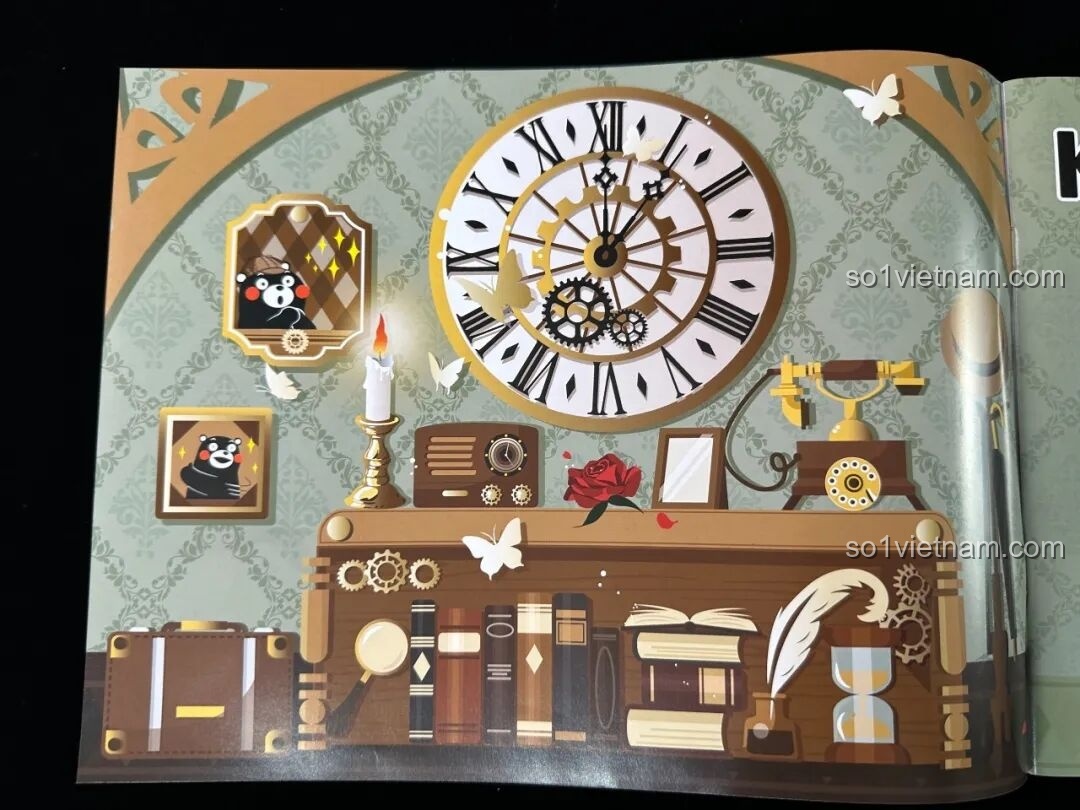 Trang sách hướng dẫn inbrixx 880035 Văn phòng Thám tử Kumamon minh họa nội thất chi tiết với đồng hồ, sách và các vật dụng thám tử.