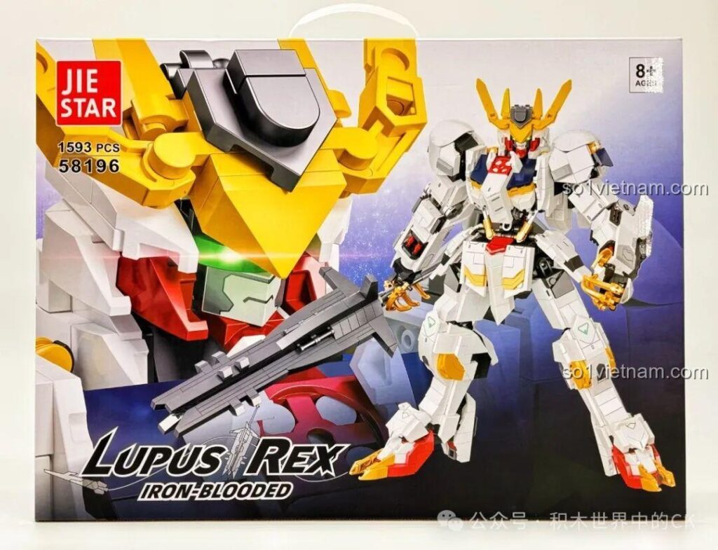 Hộp mặt trước của bộ lắp ráp JIESTAR 58196 Mô hình Gundam Barbatos Lupus Rex với hình ảnh robot uy dũng, thu hút mọi ánh nhìn.