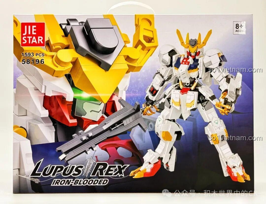 Hộp mặt trước của bộ lắp ráp JIESTAR 58196 Mô hình Gundam Barbatos Lupus Rex với hình ảnh robot uy dũng, thu hút mọi ánh nhìn.