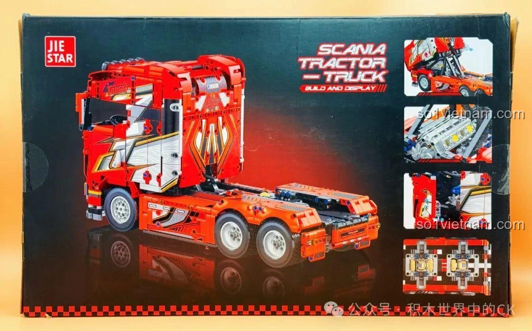 Mặt sau hộp bộ lắp ghép Jie Star JJ9070 Xe Đầu Kéo Scania, giới thiệu các tính năng và góc nhìn khác của mô hình xe tải.