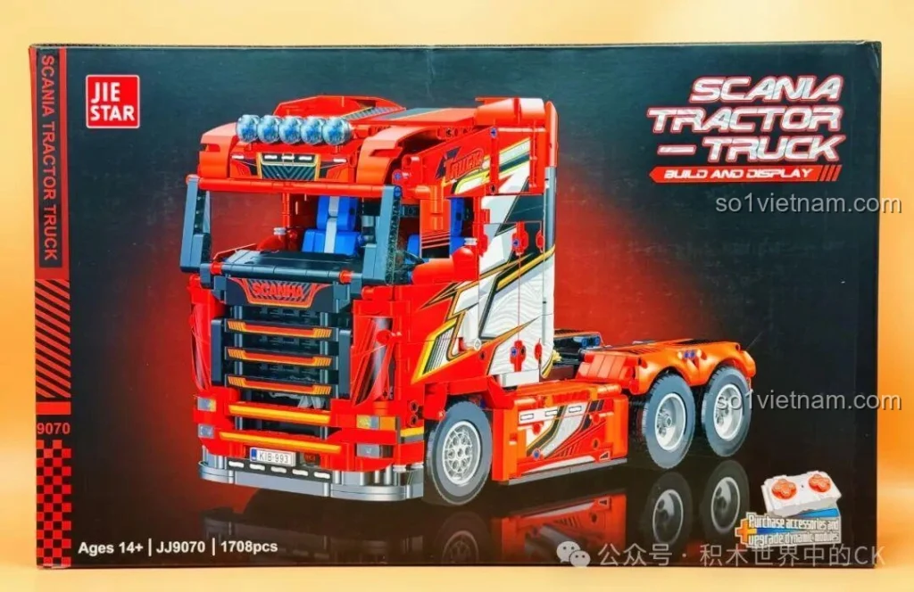 Hộp trước của bộ lắp ghép Jie Star JJ9070 Xe Đầu Kéo Scania 1:14, hiển thị mô hình xe tải màu đỏ mạnh mẽ và thông tin sản phẩm.