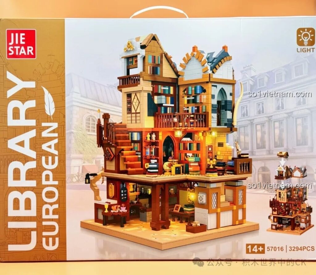 Hộp sản phẩm JIESTAR 57016 Thư viện Châu Âu Thời Trung Cổ với hình ảnh mô hình hoàn chỉnh và logo đèn LED, thu hút người chơi.