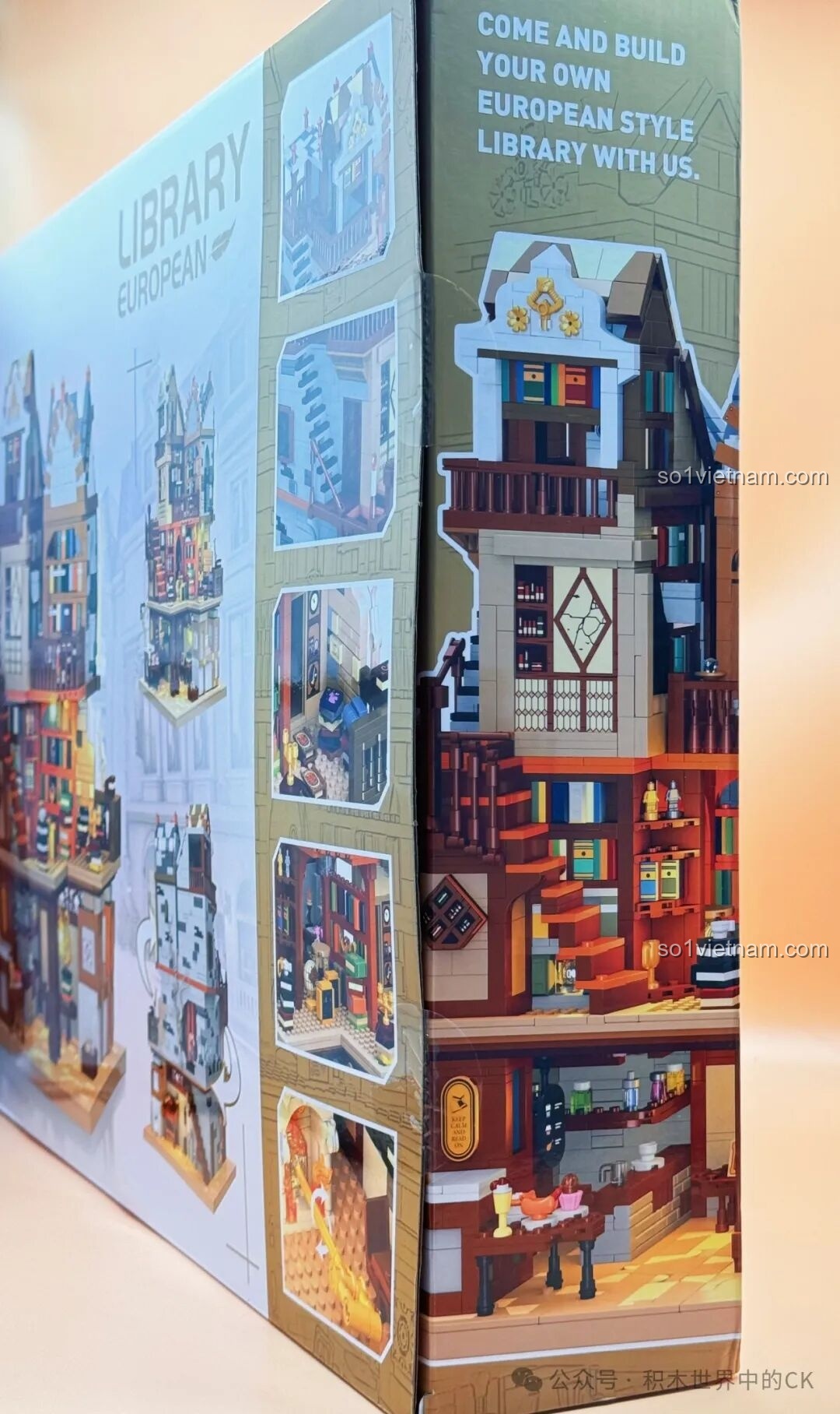 Cạnh hộp JIESTAR 57016 Thư viện Châu Âu với hình ảnh chi tiết các tầng và nội thất bên trong mô hình.