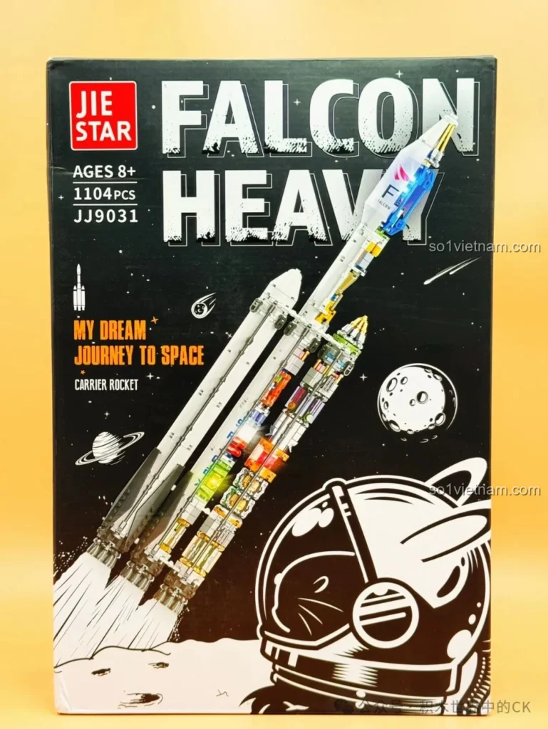 Hộp đồ chơi lắp ráp JIESTAR JJ9031 Tên lửa Falcon Heavy với hình ảnh tên lửa và phi hành gia, thông tin 1104 mảnh, độ tuổi 8+.